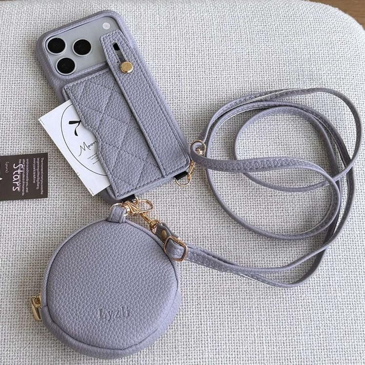 For iPhone 17 Pro Diamond Pattern Wristband Card Slot PU Phone Case with Small Wallet(Violet)