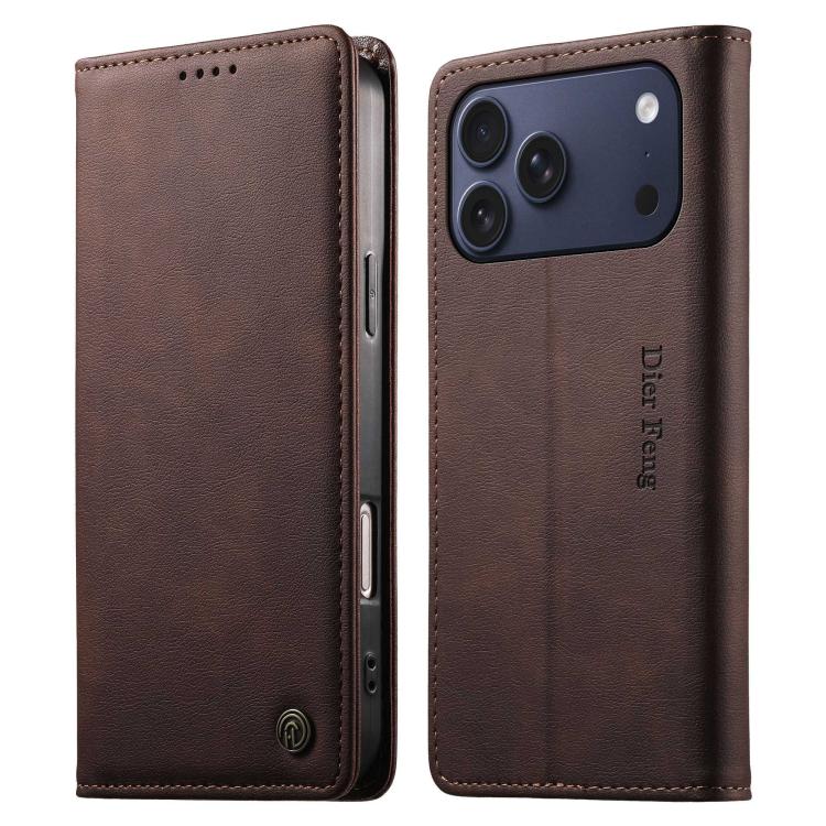 For iPhone 17 Pro Dierfeng Metal Snap Magnetic RFID Vegan Leather Phone Case(Dark Brown)