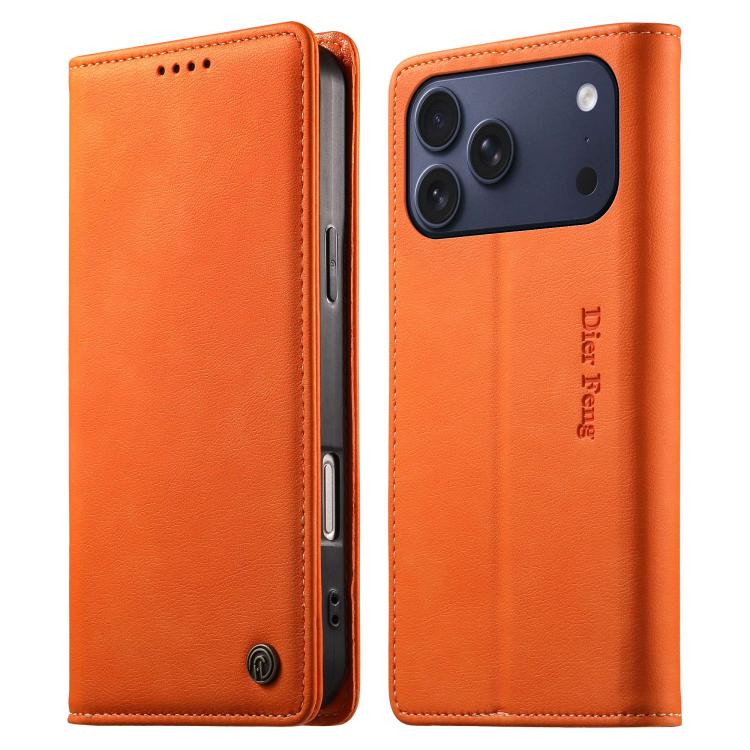 For iPhone 17 Pro Dierfeng Metal Snap Magnetic RFID Vegan Leather Phone Case(Orange)