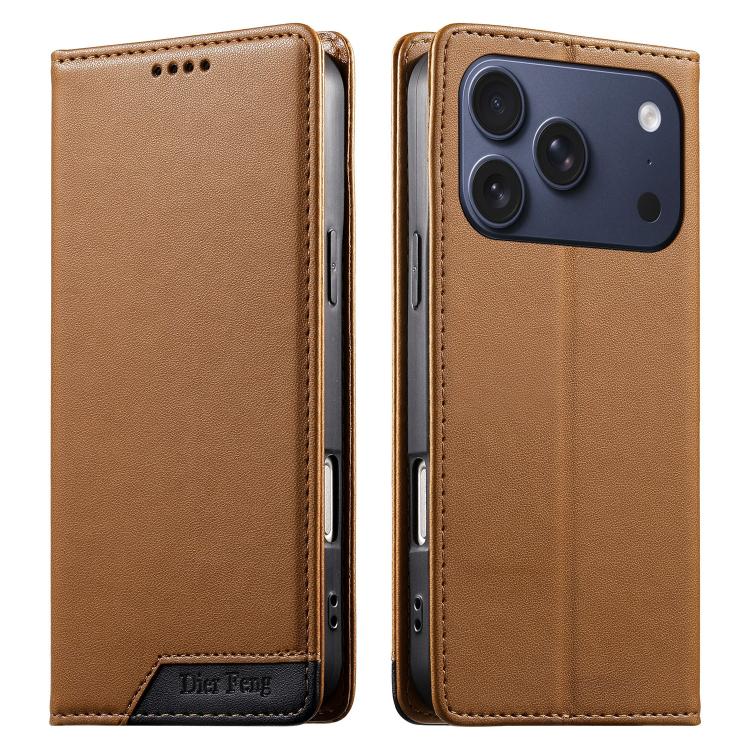 For iPhone 17 Pro Dierfeng Splicing Strong Magnetic RFID Vegan Leather Phone Case(Brown)