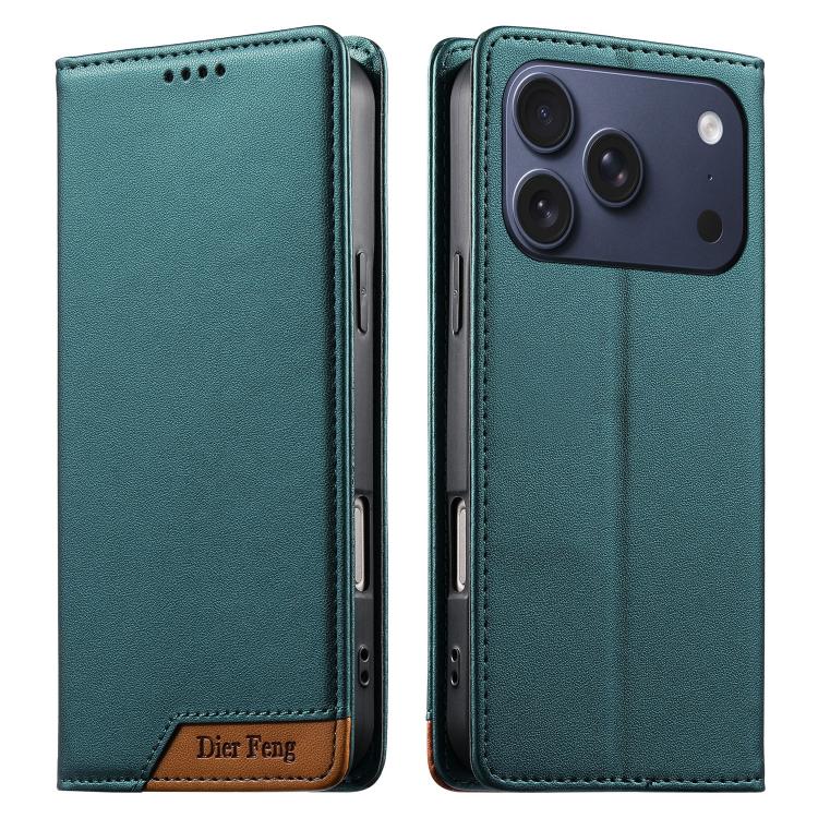 For iPhone 17 Pro Dierfeng Splicing Strong Magnetic RFID Vegan Leather Phone Case(Green)
