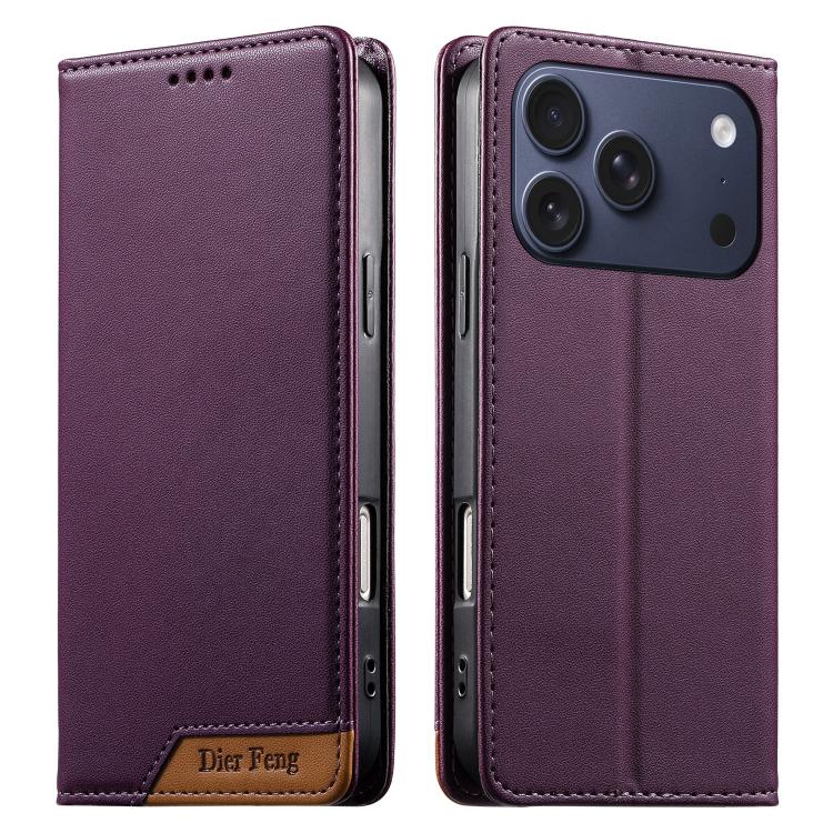 For iPhone 17 Pro Dierfeng Splicing Strong Magnetic RFID Vegan Leather Phone Case(Purple)