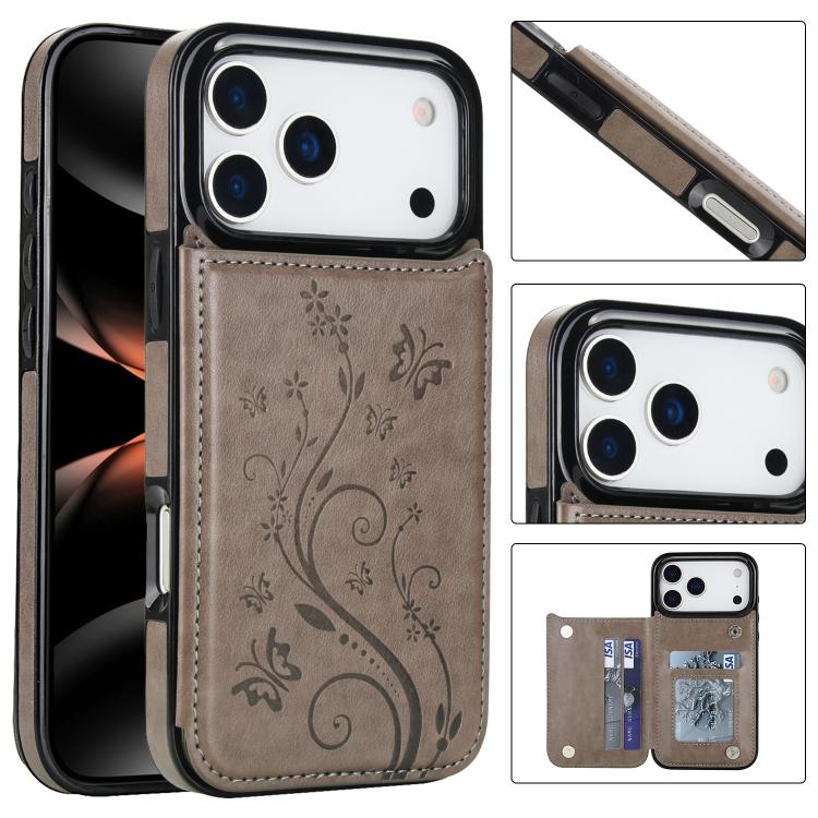 For iPhone 17 Pro Double Buckle Butterfly Embossing PU Phone Case(Grey)