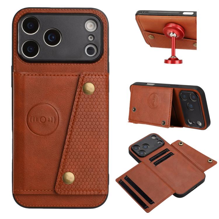 For iPhone 17 Pro Double Buckle Card Slots Magnetic Phone Case(Brown)