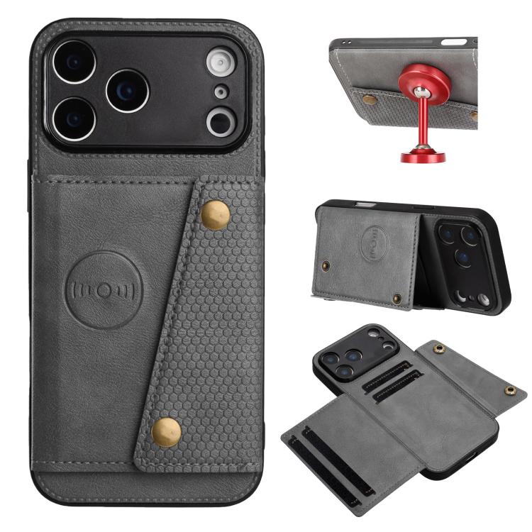For iPhone 17 Pro Double Buckle Card Slots Magnetic Phone Case(Grey)