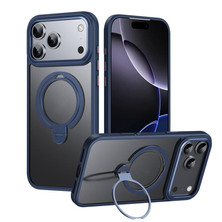 For iPhone 17 Pro Double Ring MagSafe Magnetic Holder Phone Case(Matte Blue)