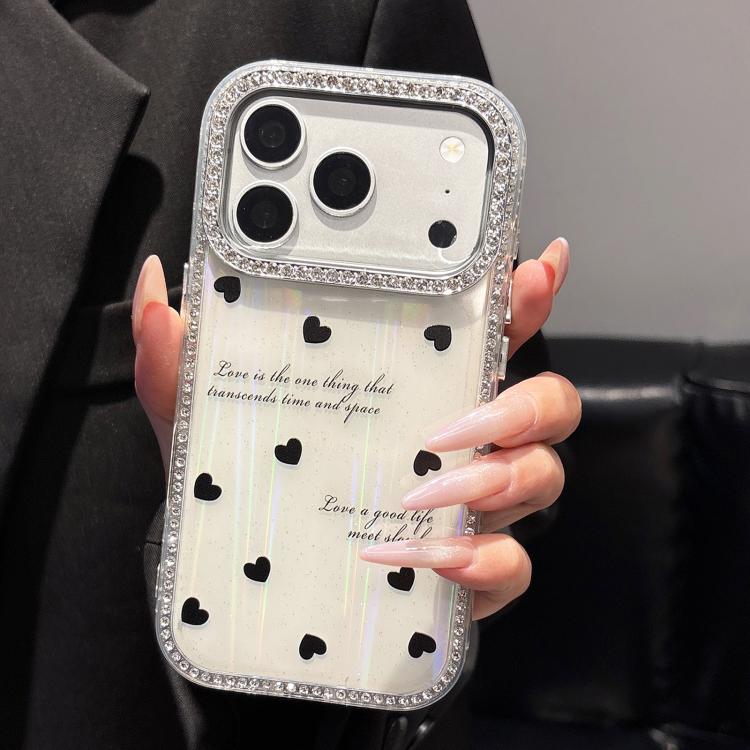 For iPhone 17 Pro Double-sided Diamond Aurora Black Hearts TPU + PC Phone Case(White)