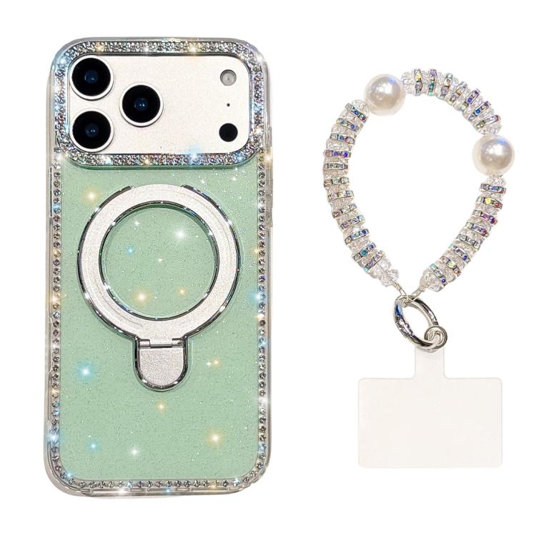 For iPhone 17 Pro Double-Sided IMD Rhinestone Magnetic Holder Shockproof Phone Case With Bracelet(Glitter Green)