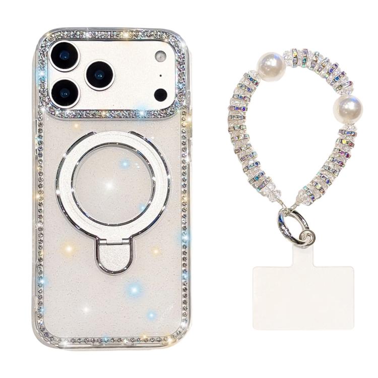 For iPhone 17 Pro Double-Sided IMD Rhinestone Magnetic Holder Shockproof Phone Case With Bracelet(Glitter White)