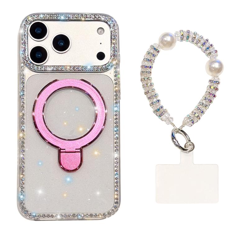 For iPhone 17 Pro Double-Sided IMD Rhinestone Magnetic Holder Shockproof Phone Case With Bracelet(Transparent Glitter)