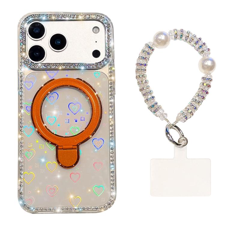 For iPhone 17 Pro Double-Sided IMD Rhinestone Magnetic Holder Shockproof Phone Case With Bracelet(Transparent Love)