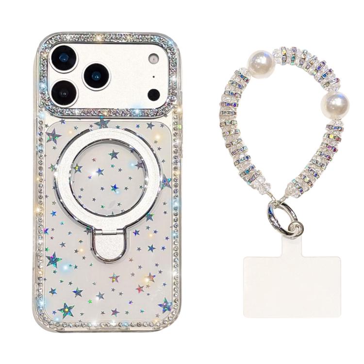 For iPhone 17 Pro Double-Sided IMD Rhinestone Magnetic Holder Shockproof Phone Case With Bracelet(Transparent Stars)