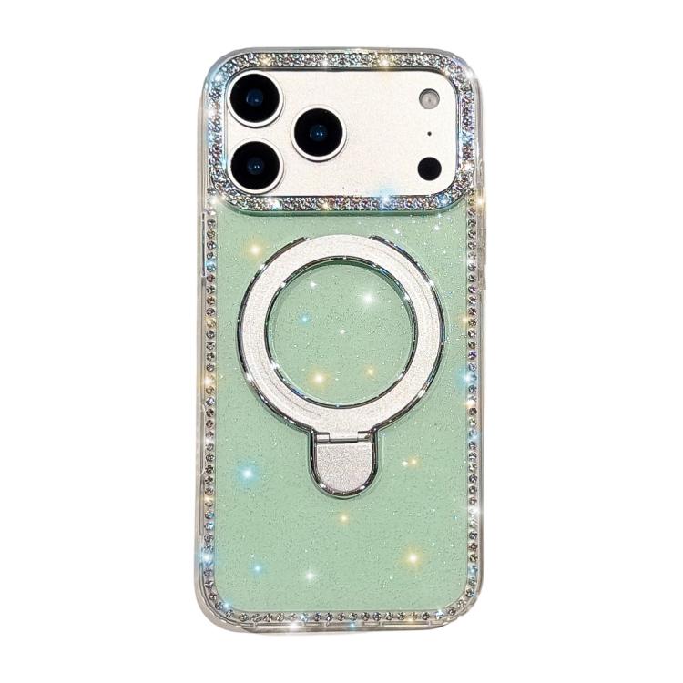 For iPhone 17 Pro Double-Sided IMD Rhinestone Magnetic Holder Shockproof Phone Case(Glitter Green)