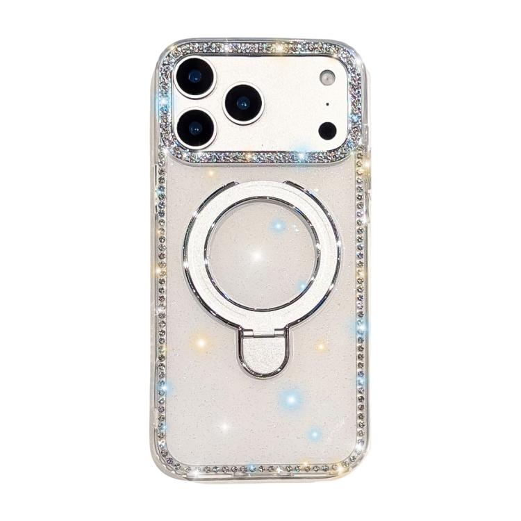 For iPhone 17 Pro Double-Sided IMD Rhinestone Magnetic Holder Shockproof Phone Case(Glitter White)