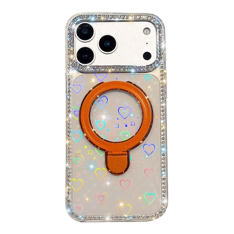 For iPhone 17 Pro Double-Sided IMD Rhinestone Magnetic Holder Shockproof Phone Case(Transparent Love)