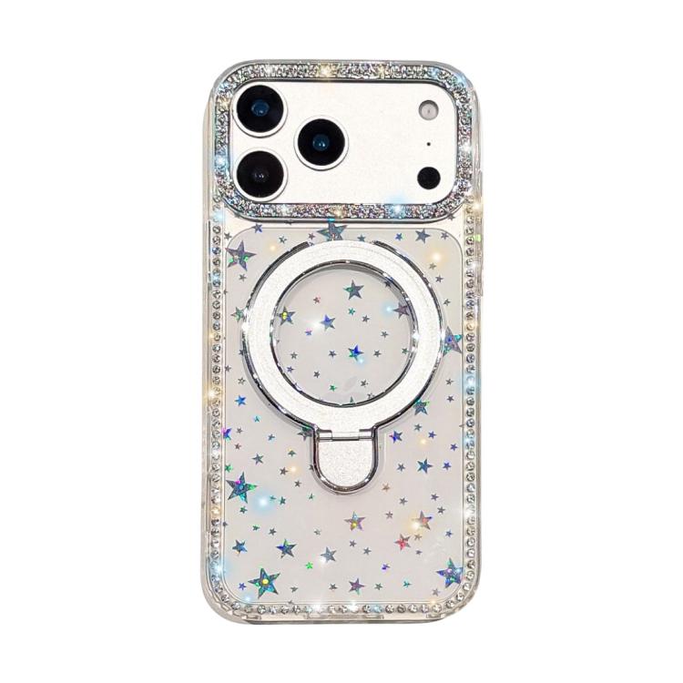 For iPhone 17 Pro Double-Sided IMD Rhinestone Magnetic Holder Shockproof Phone Case(Transparent Stars)