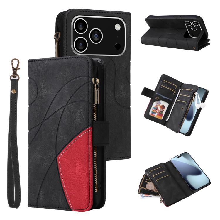 For iPhone 17 Pro Dual-color 9 Card Slots Zipper Wallet Leather Phone Case(Black)