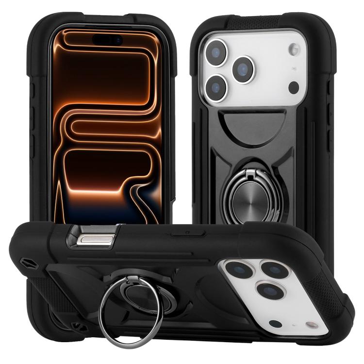 For iPhone 17 Pro Dual Ring 360 Degree Rotation Holder PC Hybrid Silicone Phone Case(Black)