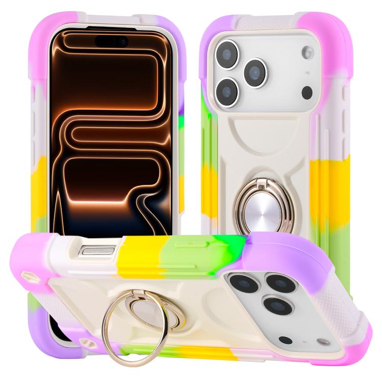 For iPhone 17 Pro Dual Ring 360 Degree Rotation Holder PC Hybrid Silicone Phone Case(Rainbow Beige)