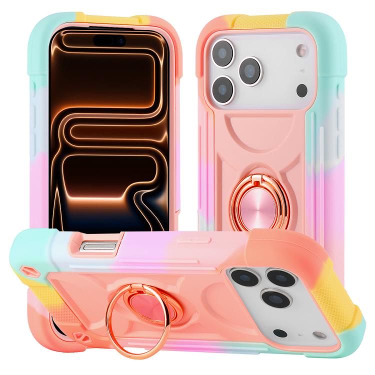 For iPhone 17 Pro Dual Ring 360 Degree Rotation Holder PC Hybrid Silicone Phone Case(Rainbow Rose Gold)