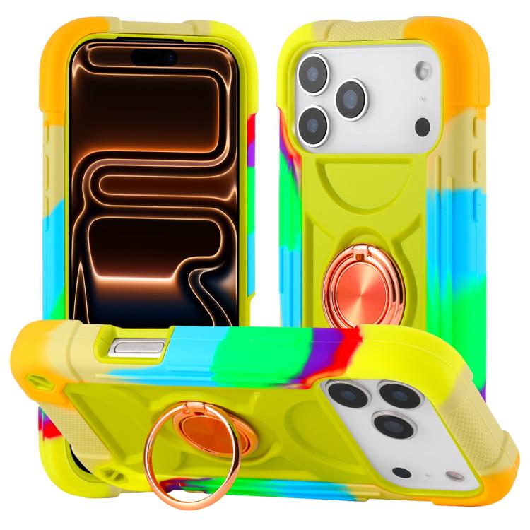 For iPhone 17 Pro Dual Ring 360 Degree Rotation Holder PC Hybrid Silicone Phone Case(Rainbow Yellow Green)