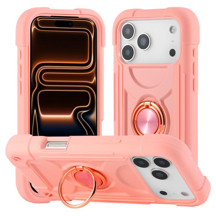For iPhone 17 Pro Dual Ring 360 Degree Rotation Holder PC Hybrid Silicone Phone Case(Rose Gold)