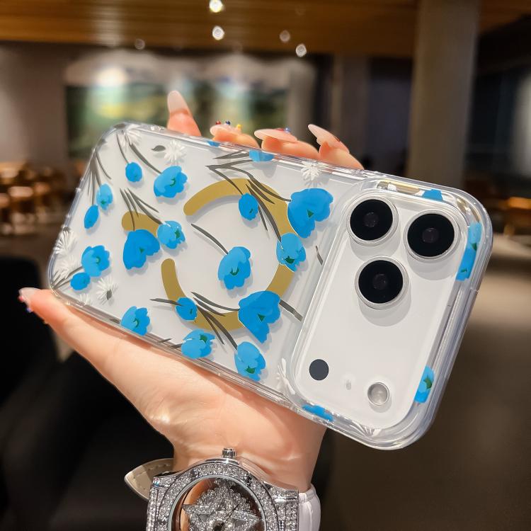For iPhone 17 Pro Dual-side Laminating IMD MagSafe Phone Case(Blue Flowers)