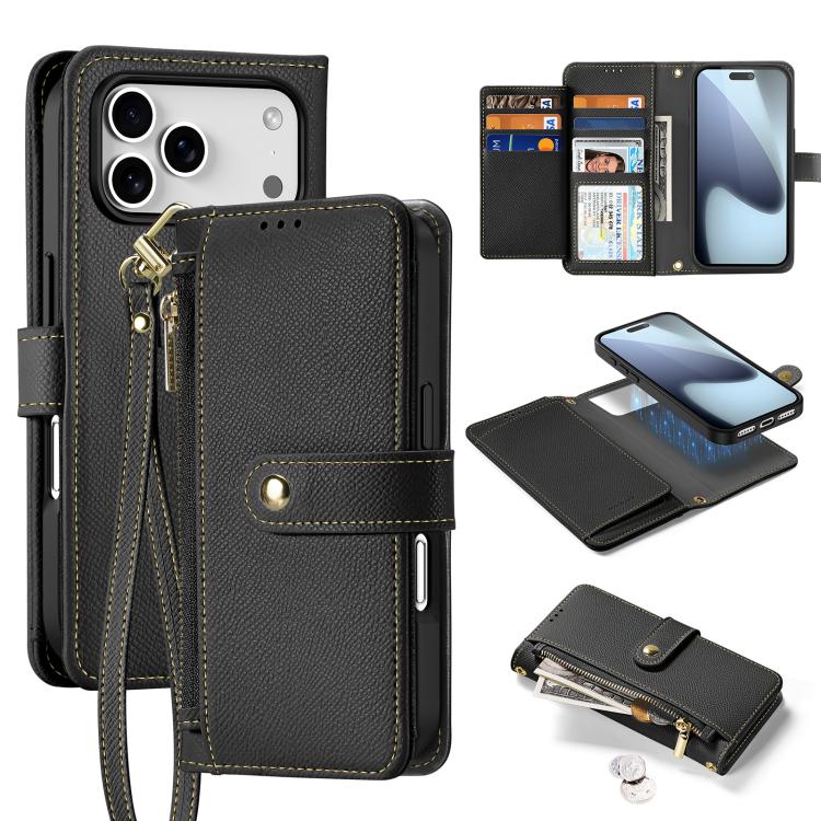 For iPhone 17 Pro DUX DUCIS Lawa Series 2 in 1 Wallet Zipper Detachable MagSafe Phone Case with Lanyard(Black)