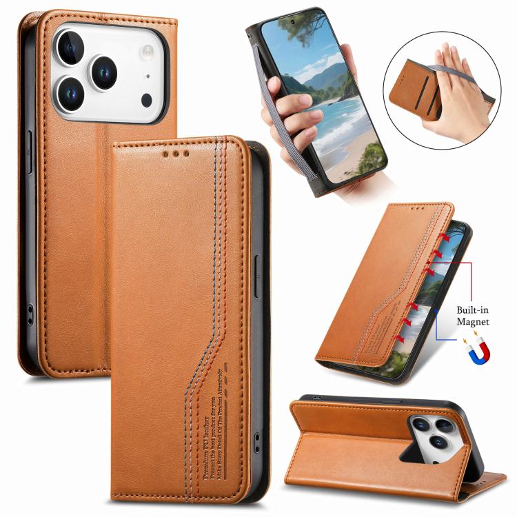 For iPhone 17 Pro Elastic Wristband Magnetic Suction Leather Phone Case(Brown)
