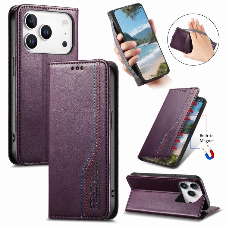 For iPhone 17 Pro Elastic Wristband Magnetic Suction Leather Phone Case(Purple)