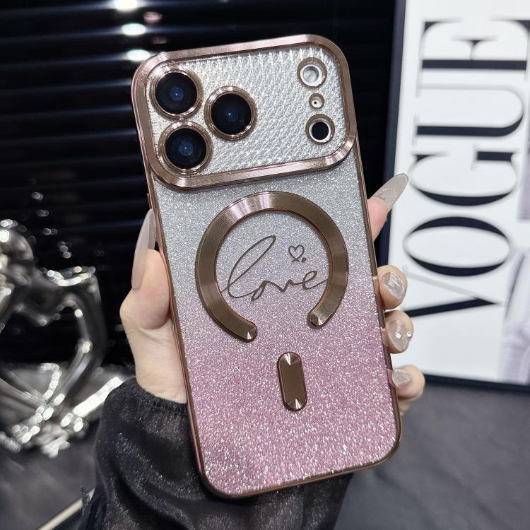 For iPhone 17 Pro Electroplated Dual-Loves Gradient Glitter MagSafe TPU Phone Case(Pink)