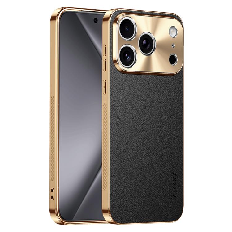 For iPhone 17 Pro Electroplated Frame Litchi Texture PC + TPU Vegan Leather Phone Case(Black)