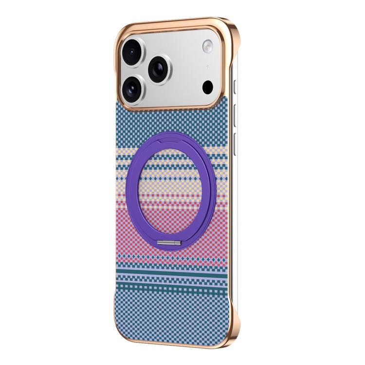 For iPhone 17 Pro Electroplated Frameless Kevlar 360 Degree Rotation Holder Magnetic Phone Case(Purple)