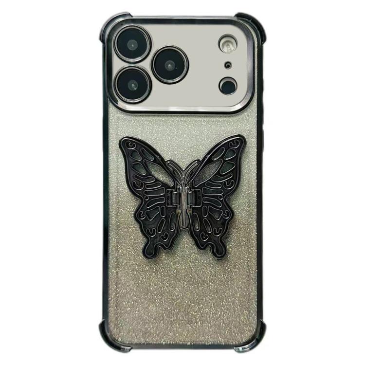 For iPhone 17 Pro Electroplated Glitter 3D Butterfly Four-corner Shockproof TPU Phone Case(Gradient Black)