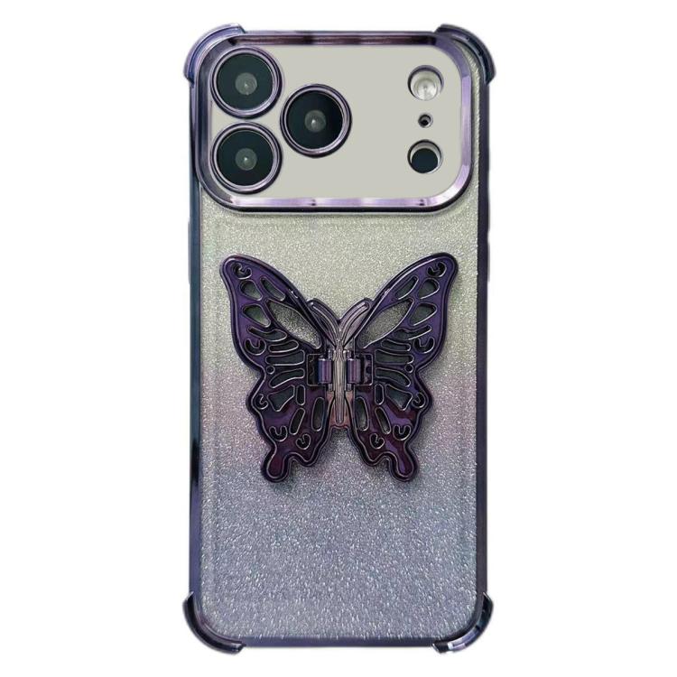 For iPhone 17 Pro Electroplated Glitter 3D Butterfly Four-corner Shockproof TPU Phone Case(Gradient Purple)