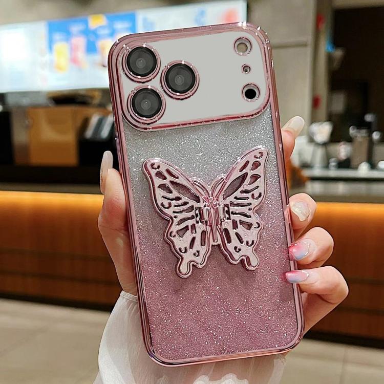 For iPhone 17 Pro Electroplated Gradient Glitter 3D Butterfly TPU Phone Case(Gradient Pink)
