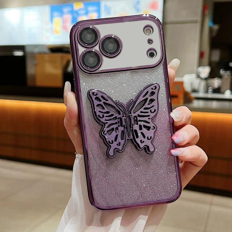 For iPhone 17 Pro Electroplated Gradient Glitter 3D Butterfly TPU Phone Case(Gradient Purple)