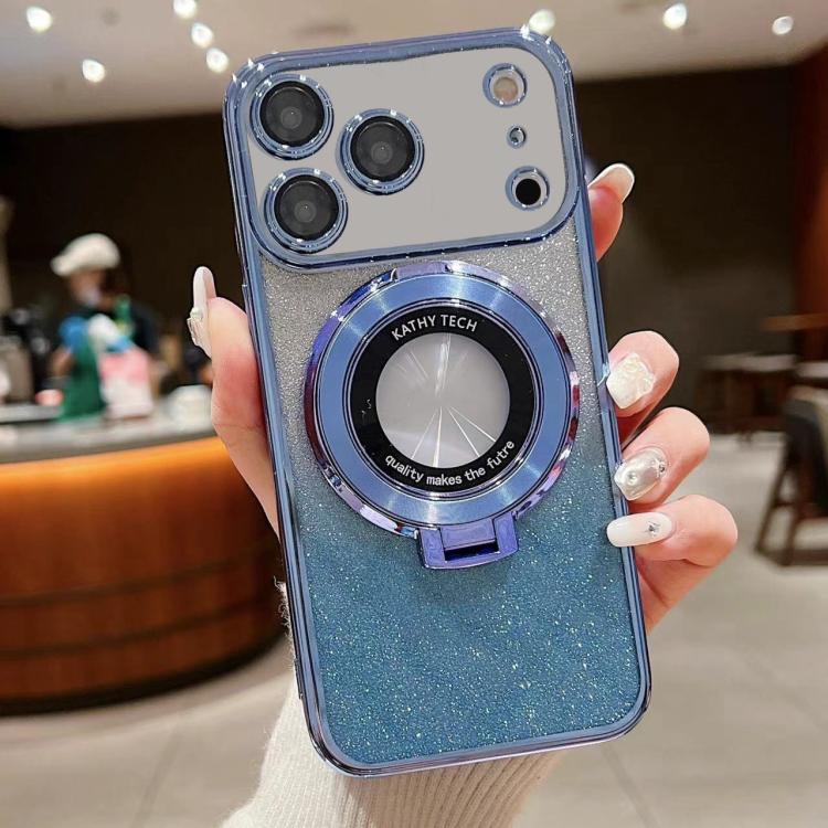 For iPhone 17 Pro Electroplated Holder Gradient Glitter MagSafe Phone Case(Blue)