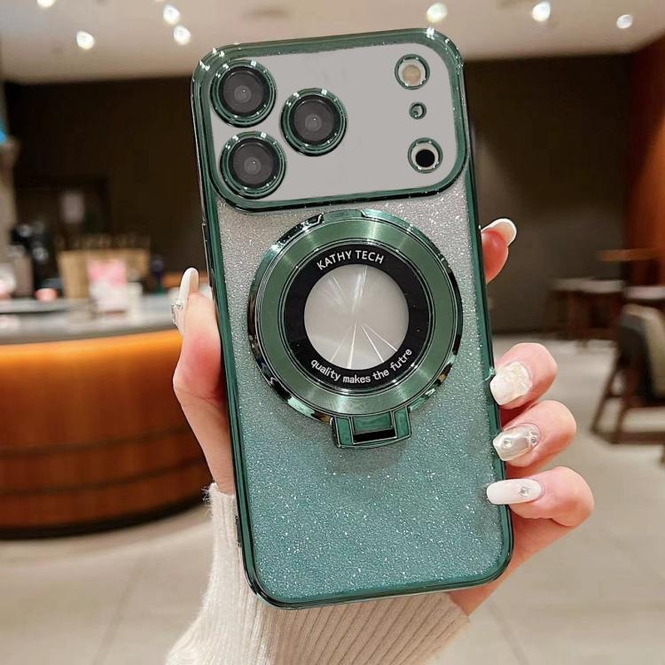 For iPhone 17 Pro Electroplated Holder Gradient Glitter MagSafe Phone Case(Green)