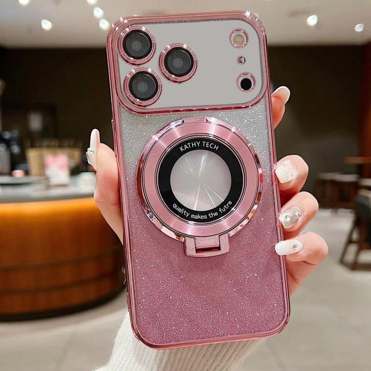 For iPhone 17 Pro Electroplated Holder Gradient Glitter MagSafe Phone Case(Pink)