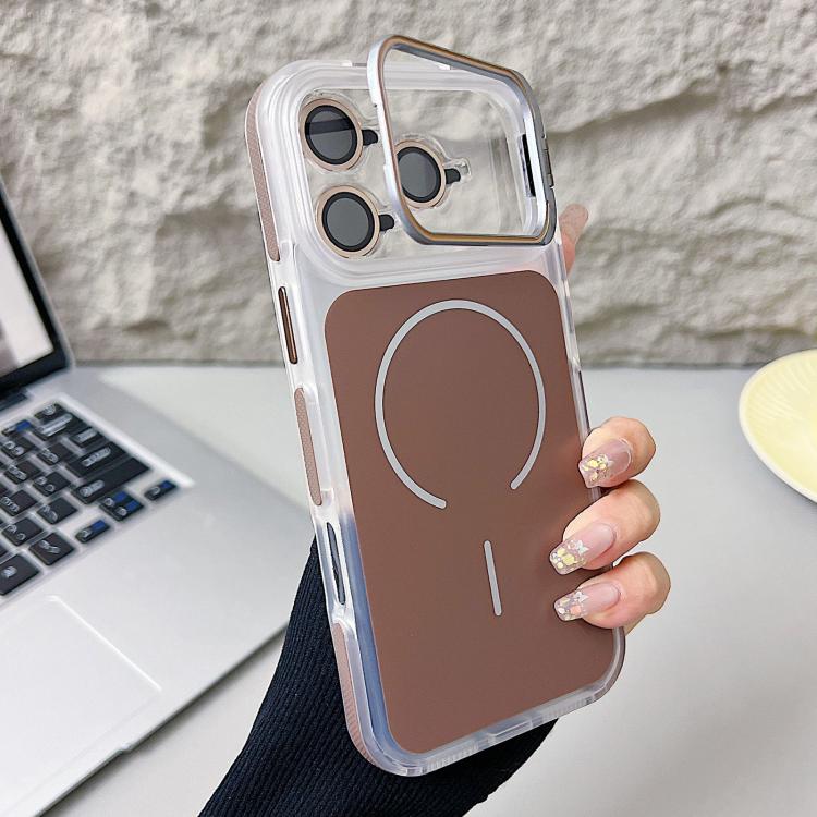 For iPhone 17 Pro Electroplated Lens Holder MagSafe PC Hybrid TPU Phone Case(Brown)