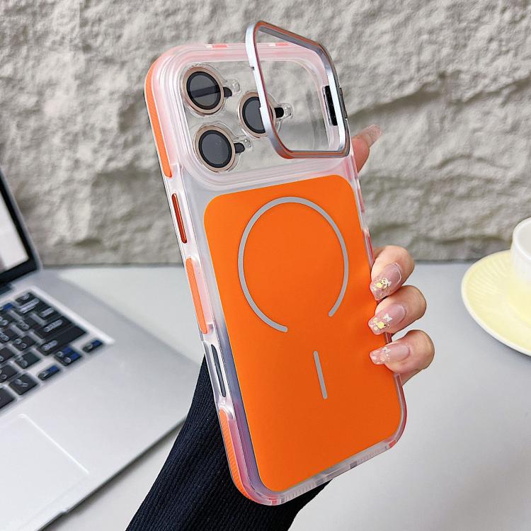 For iPhone 17 Pro Electroplated Lens Holder MagSafe PC Hybrid TPU Phone Case(Orange)