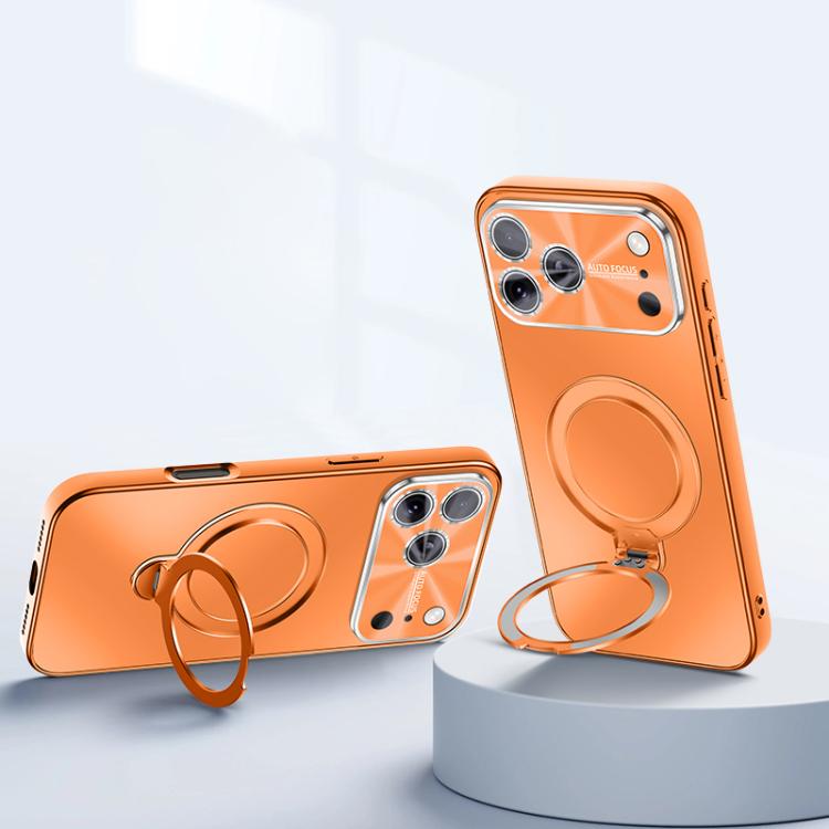 For iPhone 17 Pro Electroplated Matte Fulcrum Magnetic Holder Phone Case(Glazed Orange)
