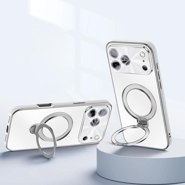 For iPhone 17 Pro Electroplated Matte Fulcrum Magnetic Holder Phone Case(Glazed White)