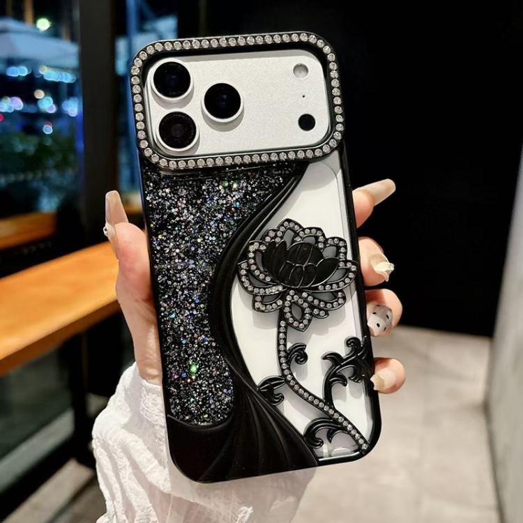 For iPhone 17 Pro Electroplated TPU Lotus Hollow-carved Rhinestone Glitter Phone Case(Black)