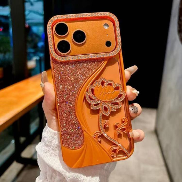 For iPhone 17 Pro Electroplated TPU Lotus Hollow-carved Rhinestone Glitter Phone Case(Orange)