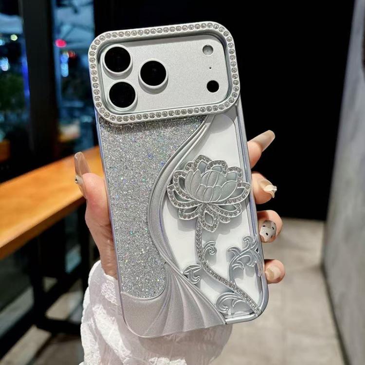 For iPhone 17 Pro Electroplated TPU Lotus Hollow-carved Rhinestone Glitter Phone Case(Silver)