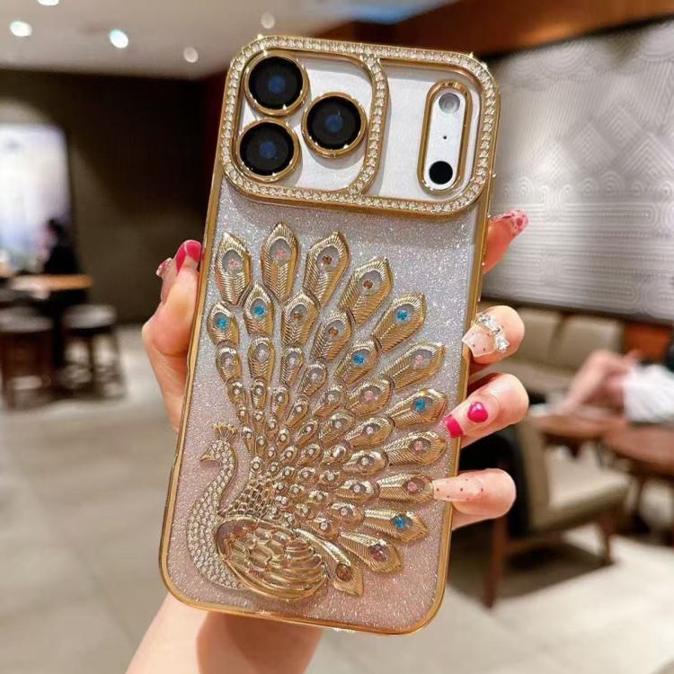 For iPhone 17 Pro Electroplated TPU Peacock Relief Rhinestone Glitter Phone Case with Lens Film(Gold)