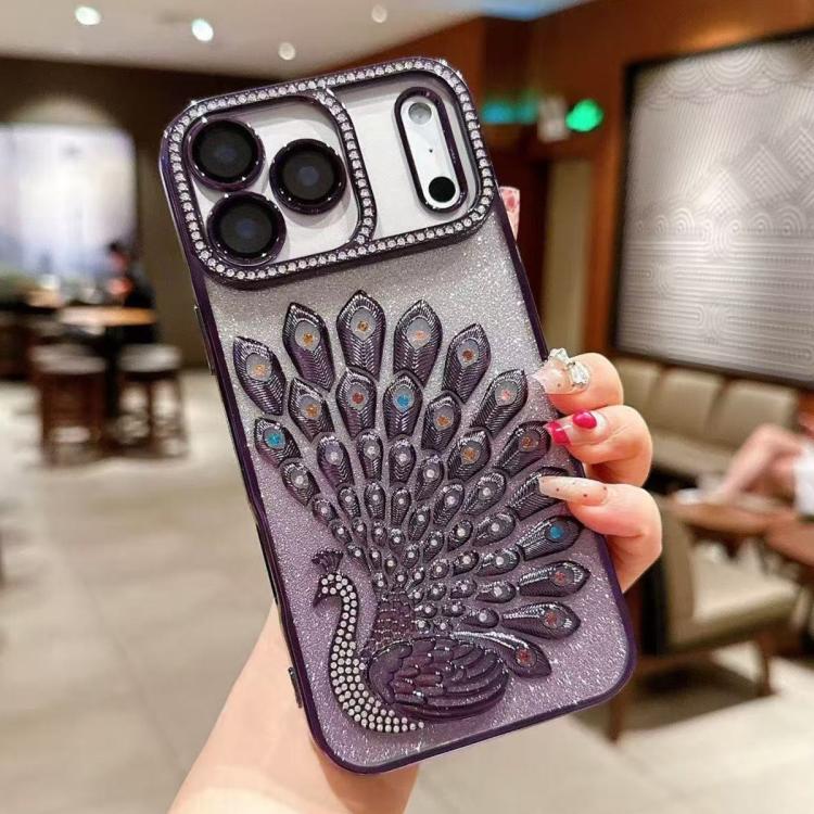 For iPhone 17 Pro Electroplated TPU Peacock Relief Rhinestone Glitter Phone Case with Lens Film(Purple)
