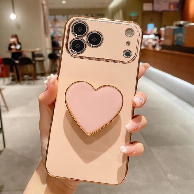 For iPhone 17 Pro Electroplating Love Heart Holder TPU Phone Case(Pink)